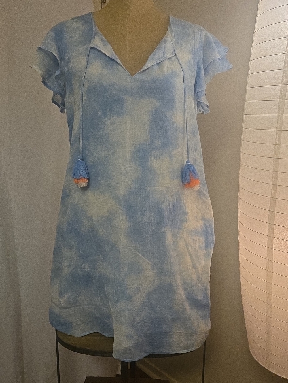 Vineyard Vines Women's Blue and White Tie-Dye Tassel Tunic Dress Size M